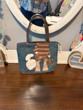Source Unknown Denim Tote with Girl & Dog Appliqué - Blue and Brown